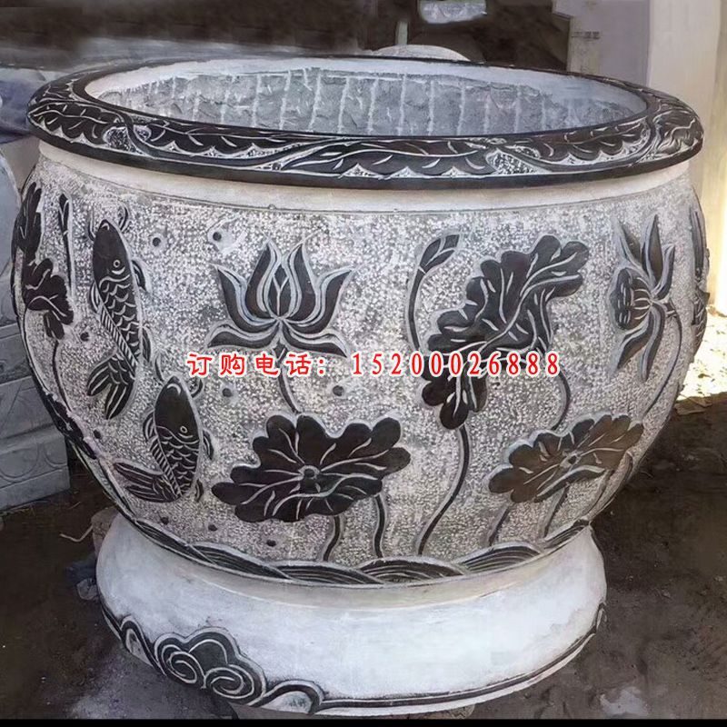 大理石水缸雕塑，鲤鱼荷花石浮雕水缸雕塑 (1)