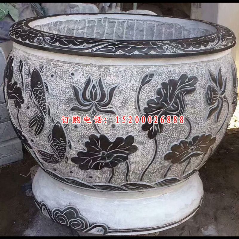 大理石水缸雕塑，鲤鱼荷花石浮雕水缸雕塑 (2)