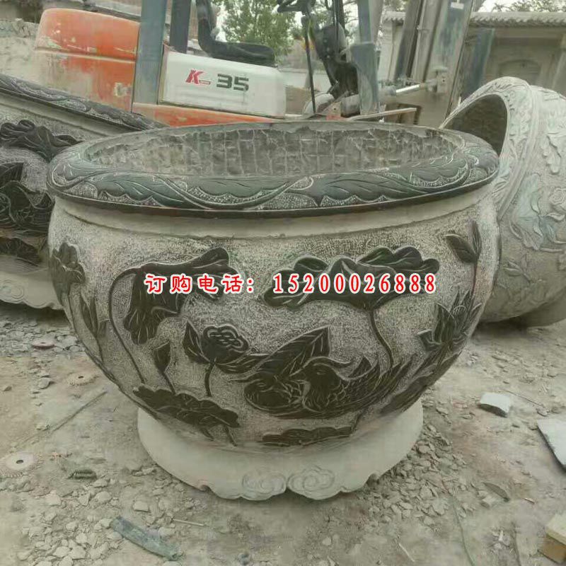 仿古荷花浮雕水缸景观雕塑，仿古石雕塑