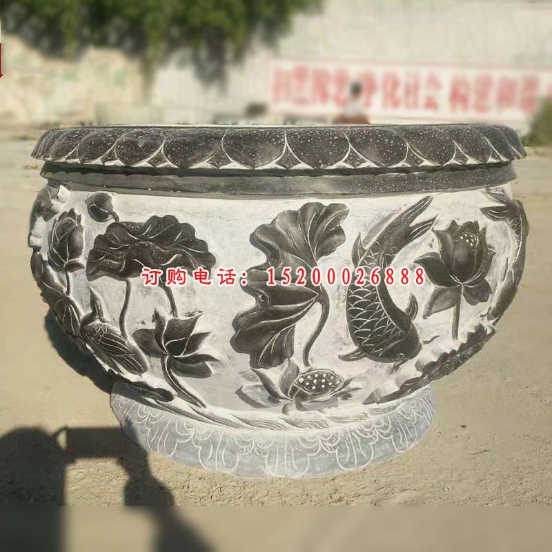 仿古鲤鱼荷花石浮雕水缸，公园景观摆件
