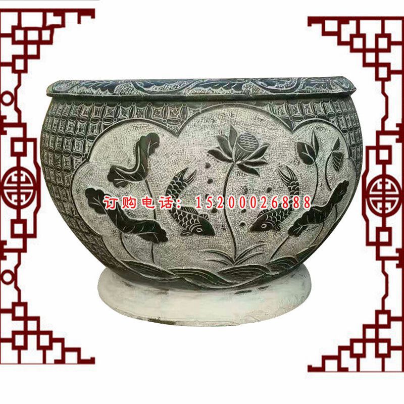 仿古鲤鱼荷花石浮雕水缸雕塑，庭院景观石雕