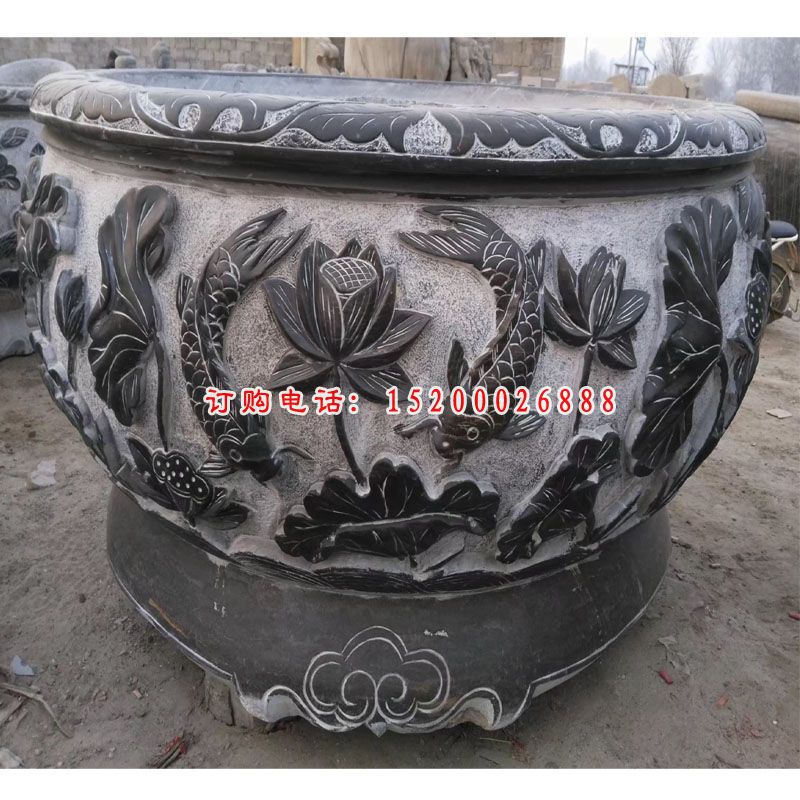 仿古石雕水缸，荷花浮雕水盆 (2)