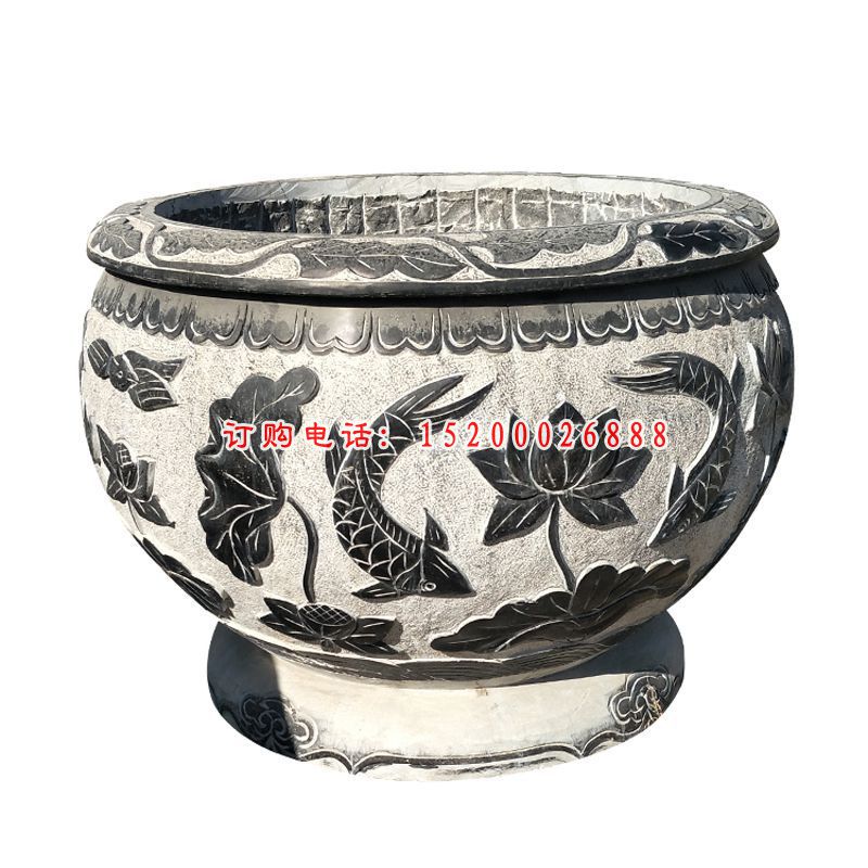 仿古石雕水缸，荷花鱼浮雕水缸 (3)