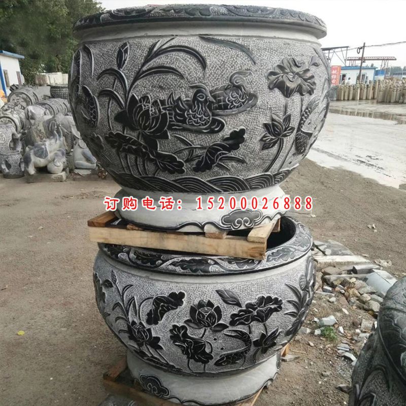 荷花鸳鸯浮雕石水缸 青石圆形水缸 (3)