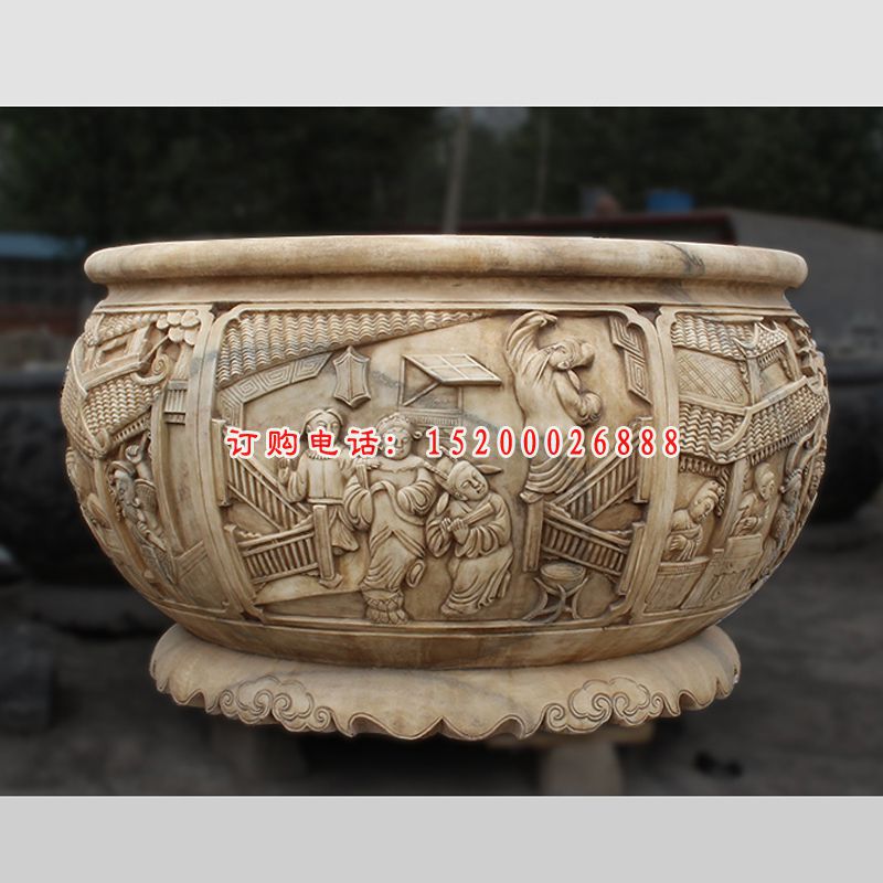 古代人物浮雕水缸，石雕水缸