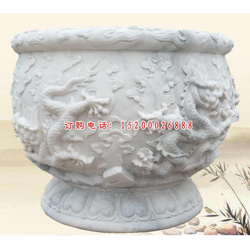 汉白玉龙浮雕荷花缸 庭院石雕水缸