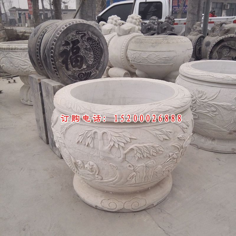 汉白玉水缸雕塑，公园石水缸，仿古水缸 (1)