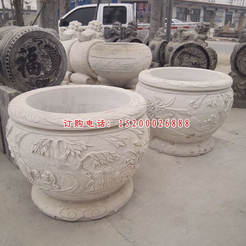 汉白玉水缸雕塑，公园石水缸，仿古水缸 (2)