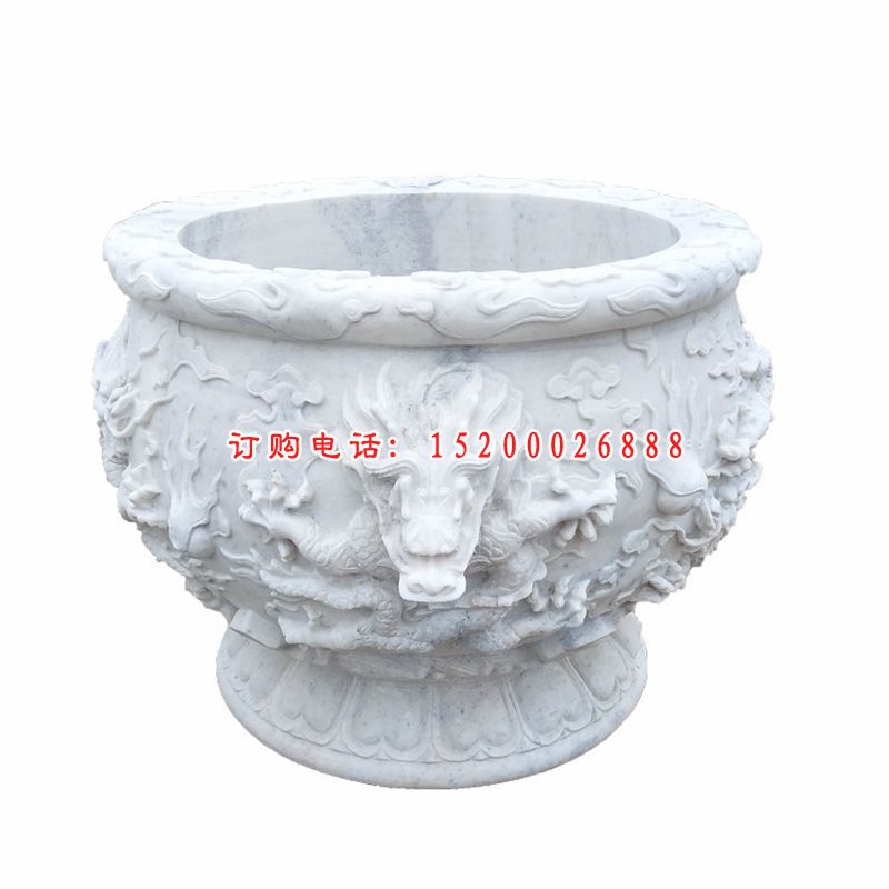 汉白玉水缸雕塑，庭院景观石雕