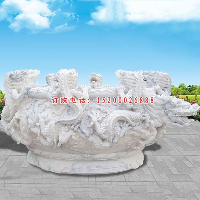 汉白玉吐水龙缸，园林景观石雕