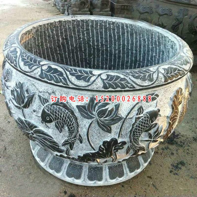 荷花鲤鱼浮雕石水缸  青石仿古水缸石雕 (1)