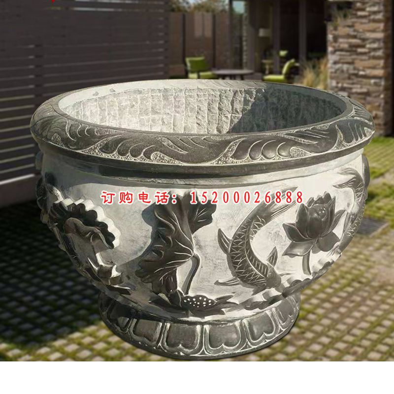荷花鲤鱼浮雕石水缸  青石仿古水缸石雕 (3)