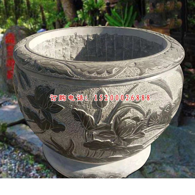 荷花鲤鱼浮雕石水缸  青石仿古水缸石雕 (4)