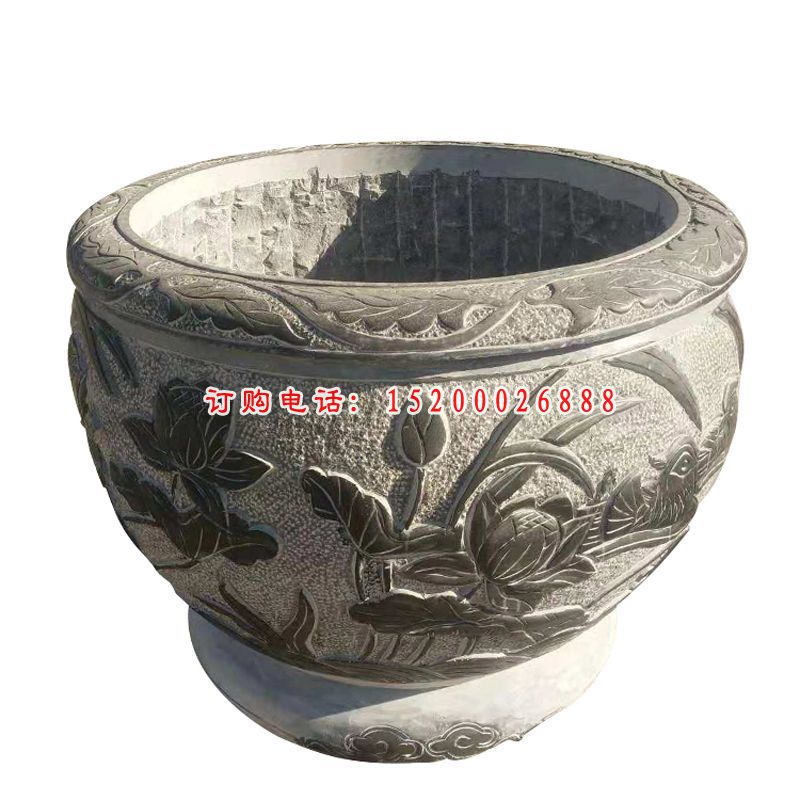 荷花鲤鱼浮雕石水缸  青石仿古水缸石雕 (7)