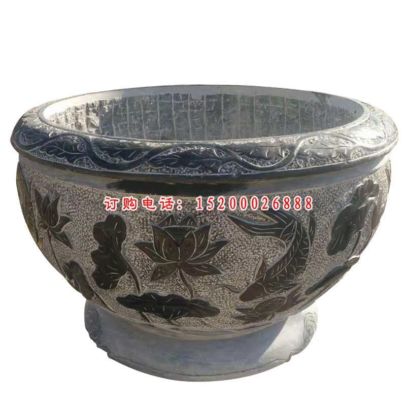 荷花鲤鱼浮雕石水缸  青石仿古水缸石雕 (9)