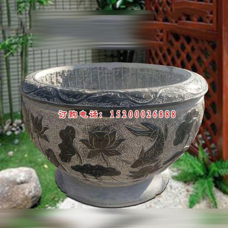荷花鲤鱼浮雕石水缸  青石仿古水缸石雕 (8)