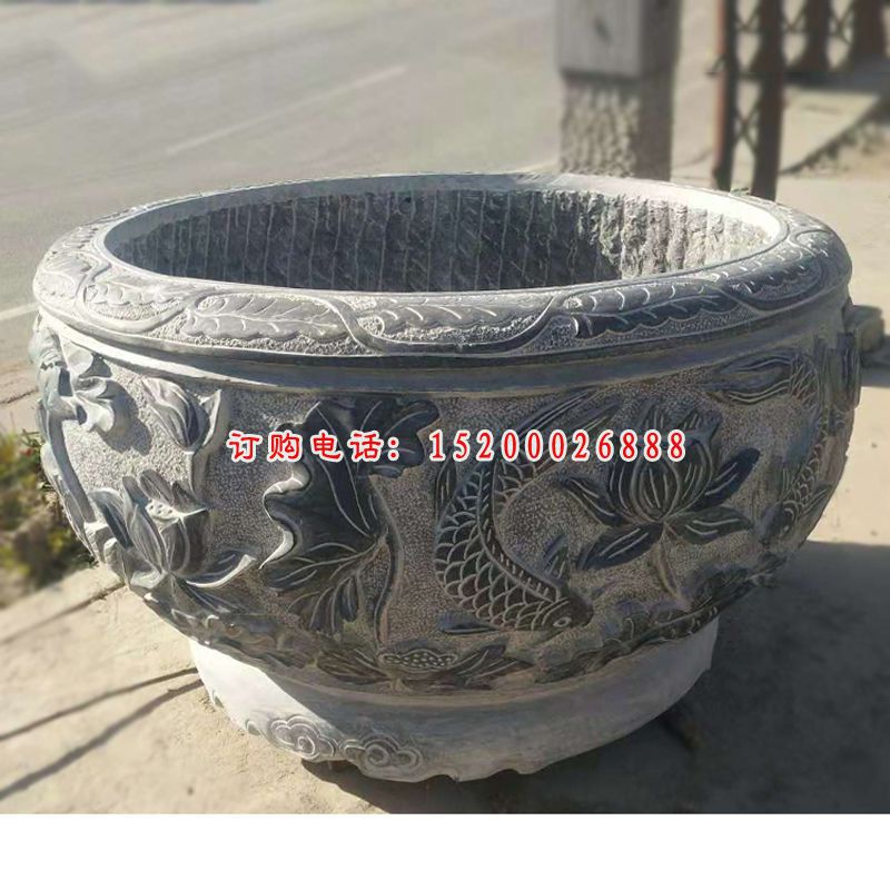 荷花鲤鱼浮雕石水缸  青石仿古水缸石雕 (12)