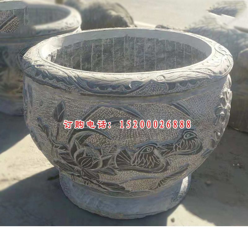 荷花鲤鱼浮雕石水缸  青石仿古水缸石雕 (11)