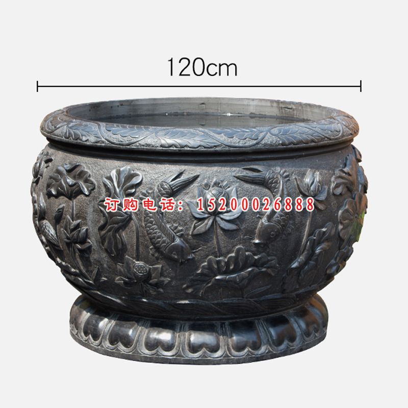 荷花鲤鱼石浮雕水缸，园林景观石雕