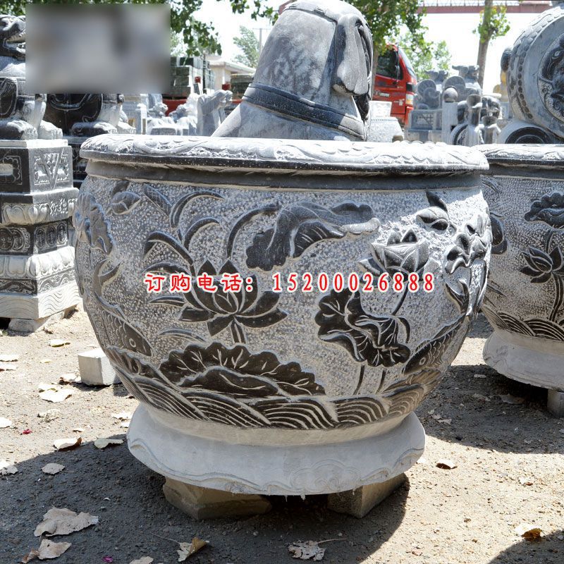 荷花水缸石雕，青石水缸