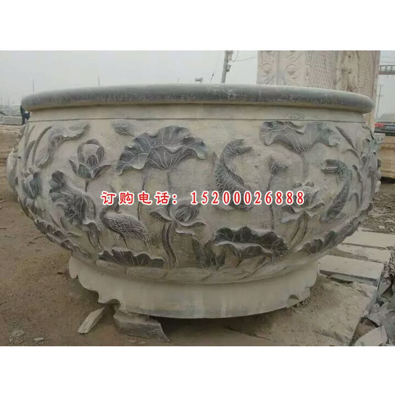 荷花仙鹤水缸石雕，仿古水缸雕塑 (1)