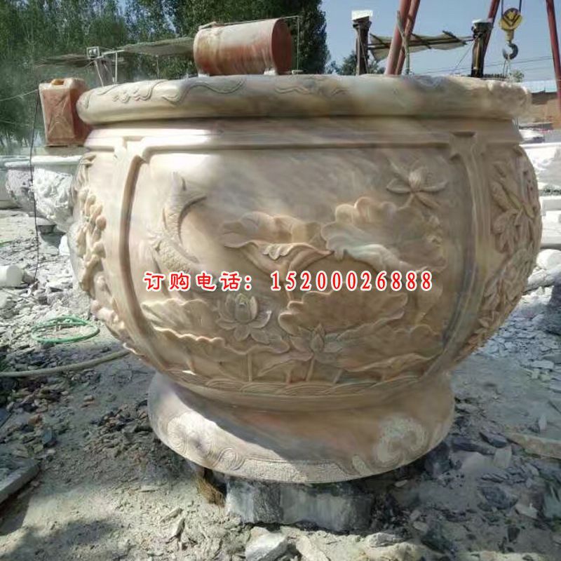 荷花鱼浮雕水缸，晚霞红圆形石水缸