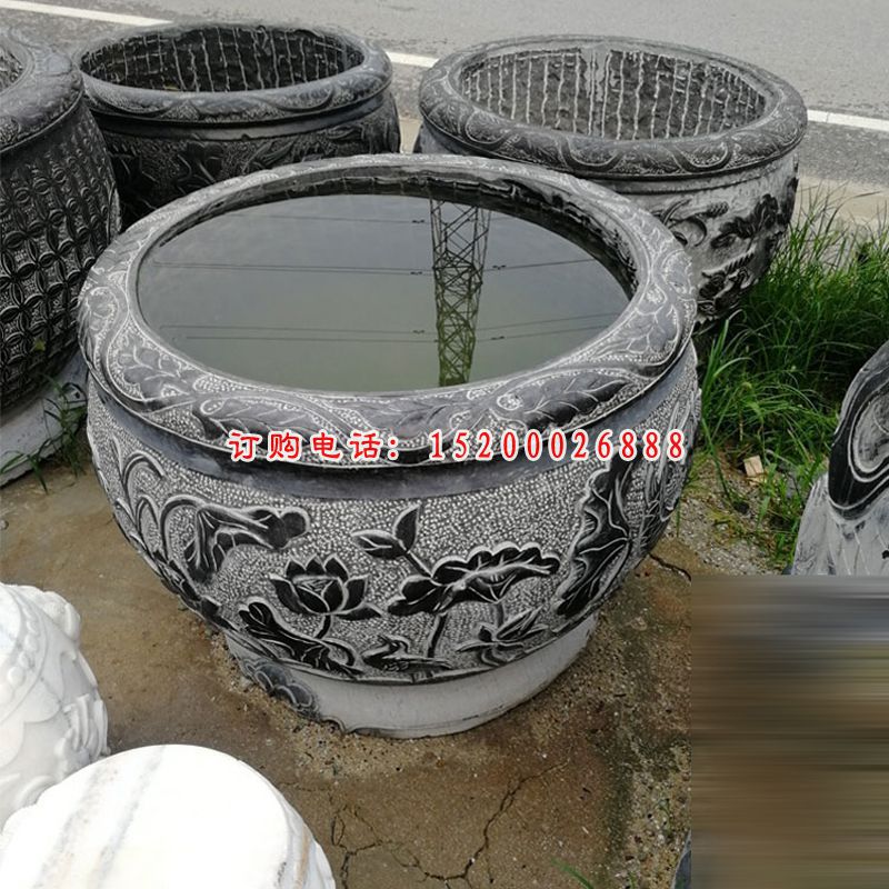 鲤鱼荷花浮雕水缸 青石仿古水缸石雕  (15)