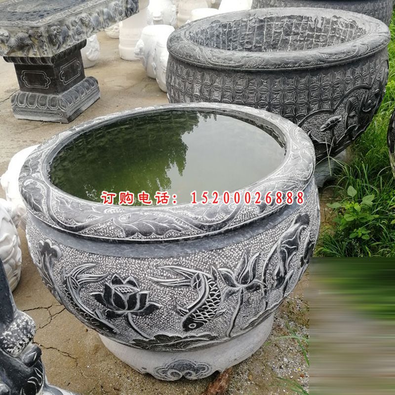 鲤鱼荷花浮雕水缸 青石仿古水缸石雕  (14)