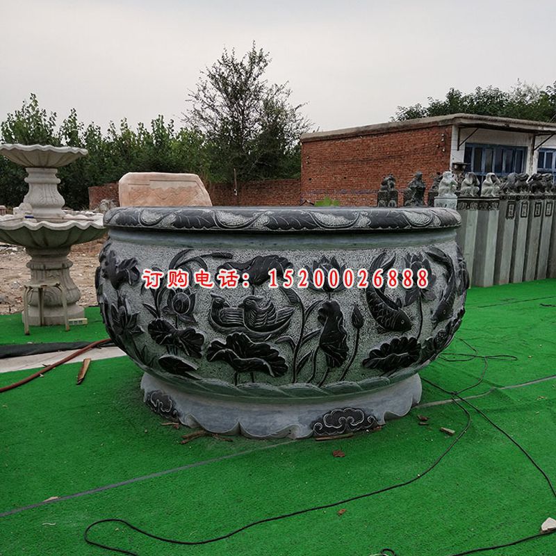 鲤鱼荷花浮雕水缸 青石仿古水缸石雕 (1)