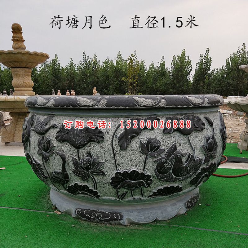 鲤鱼荷花浮雕水缸 青石仿古水缸石雕 (2)
