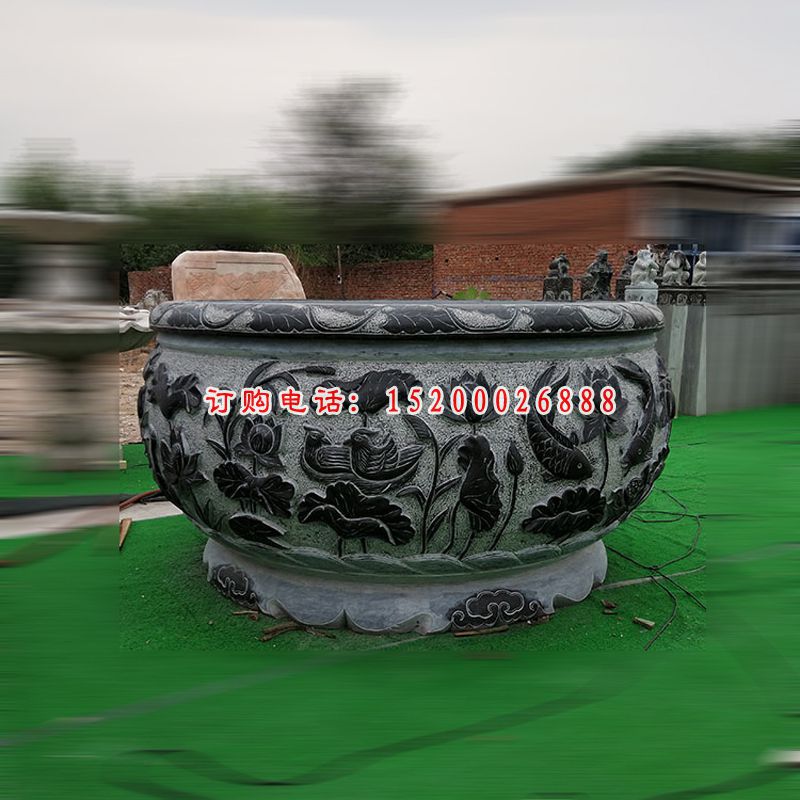 鲤鱼荷花浮雕水缸 青石仿古水缸石雕 (3)