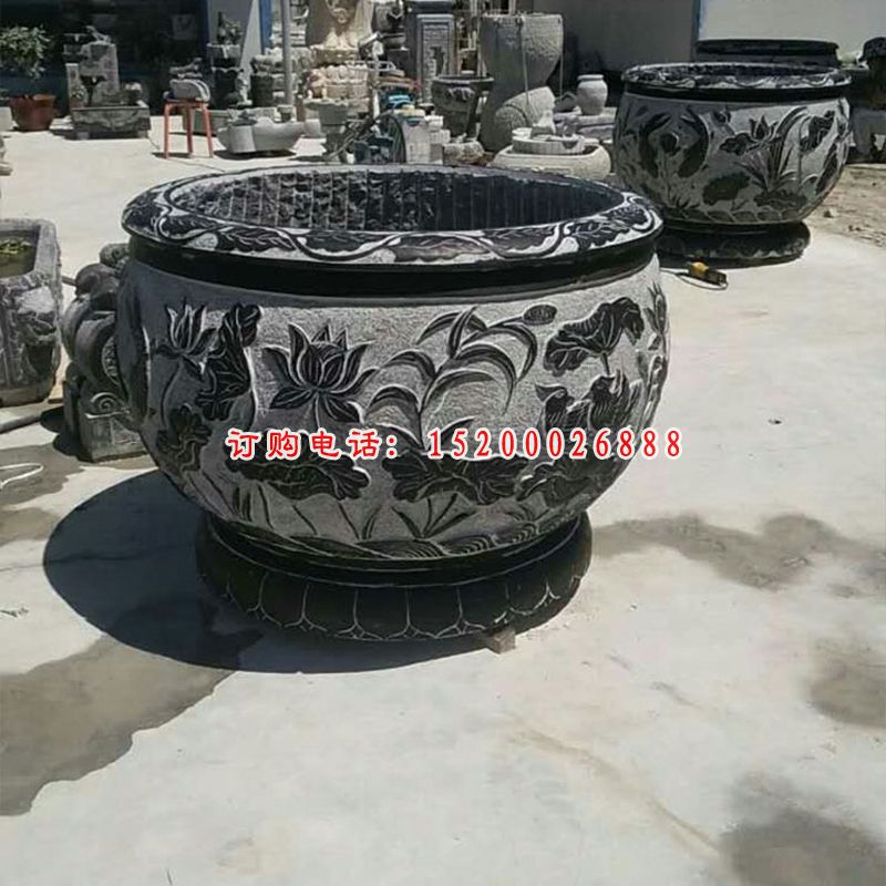 鲤鱼荷花浮雕水缸 青石仿古水缸石雕 (5)