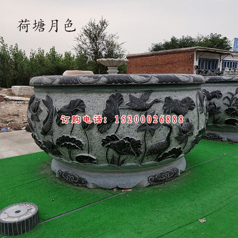 鲤鱼荷花浮雕水缸 青石仿古水缸石雕 (4)
