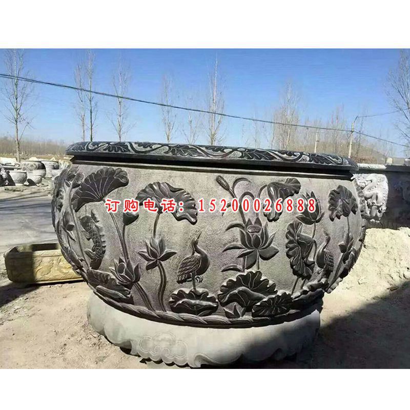 鲤鱼荷花浮雕水缸 青石仿古水缸石雕 (6)