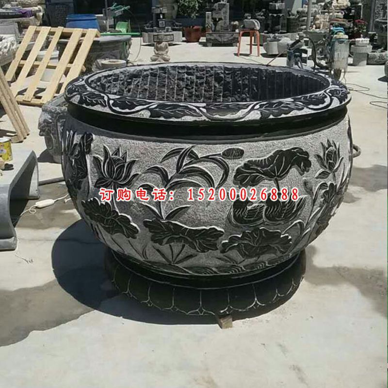 鲤鱼荷花浮雕水缸 青石仿古水缸石雕 (7)