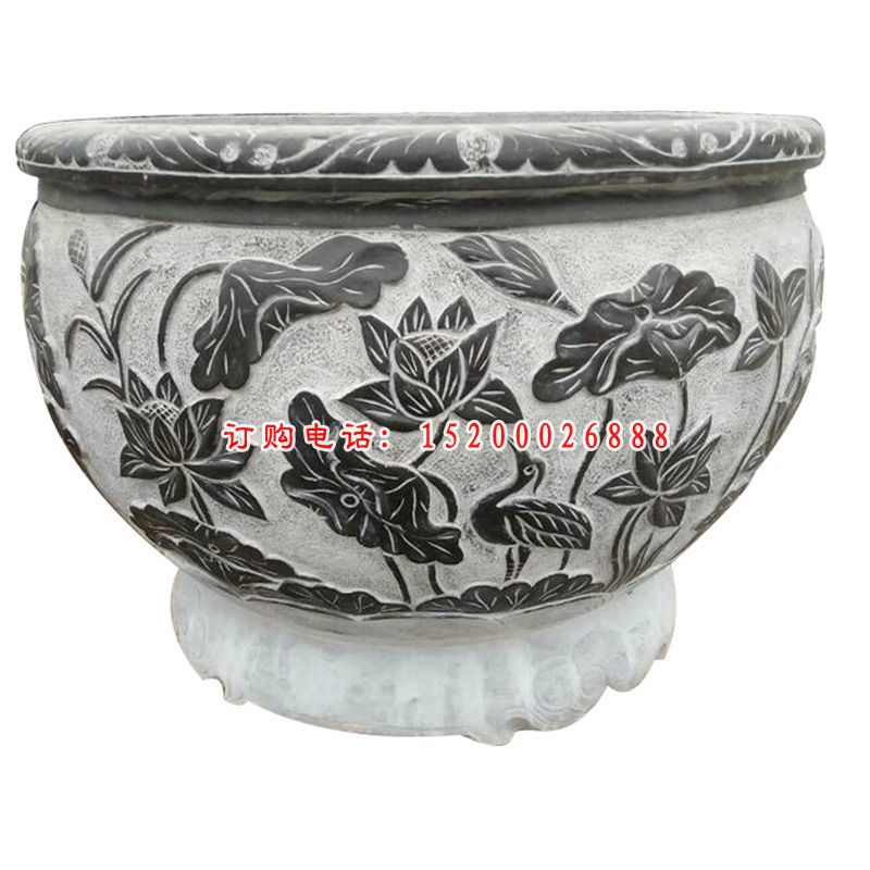 鲤鱼荷花浮雕水缸 青石仿古水缸石雕  9
