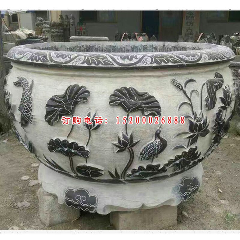 鲤鱼荷花浮雕水缸 青石仿古水缸石雕3
