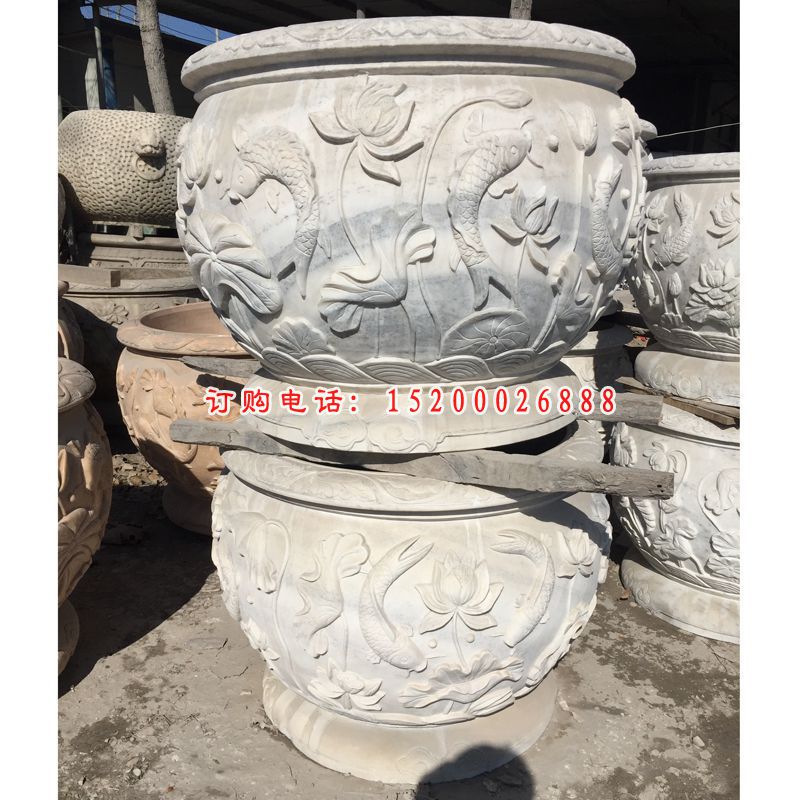 鲤鱼荷花石浮雕，大理石水缸