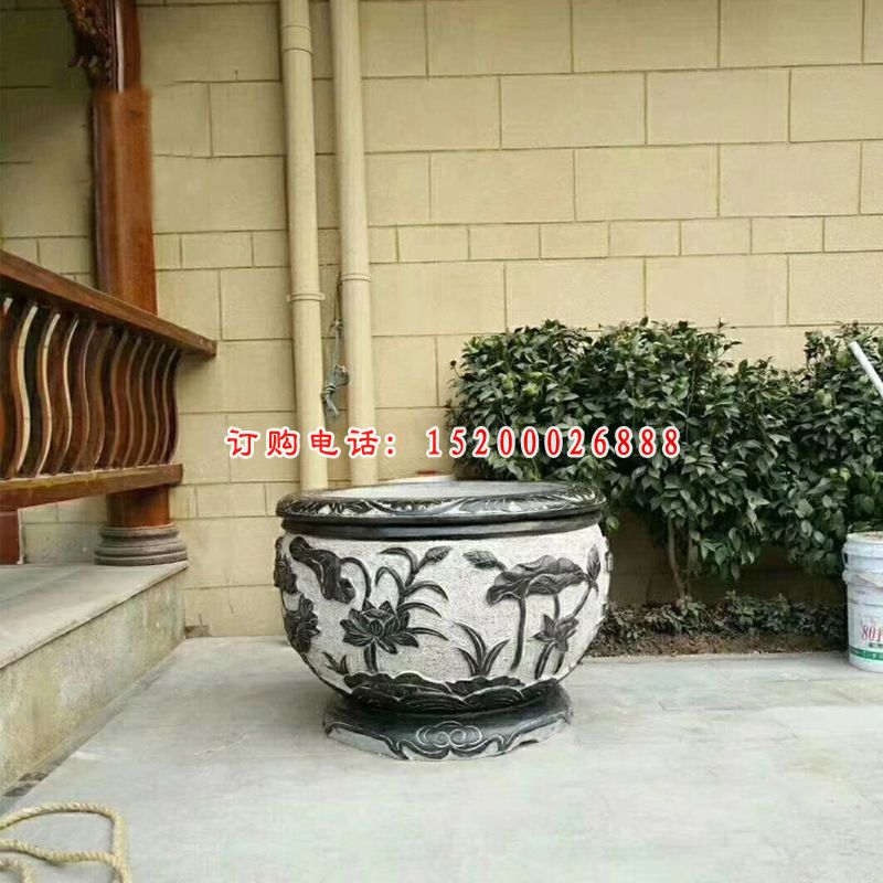 莲花浮雕石水缸，庭院荷花缸石雕