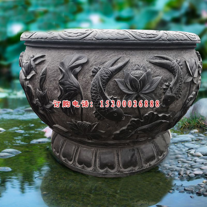莲花鲤鱼浮雕水缸 公园石水缸