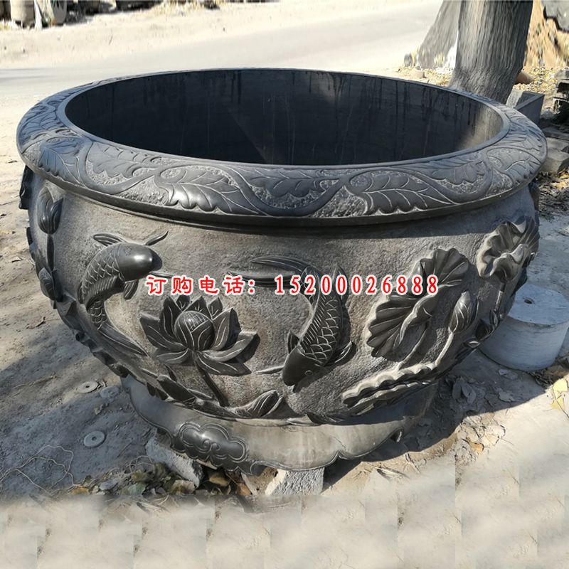 莲花鲤鱼浮雕水缸 青石圆水缸石雕 (4)