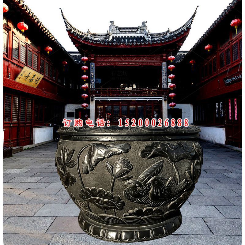 莲花鸳鸯浮雕水缸，庭院荷花缸石雕 (2)