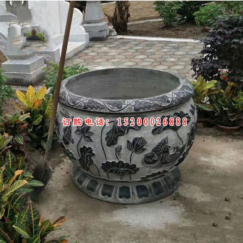 莲花鸳鸯浮雕水缸，庭院荷花缸石雕 (3)