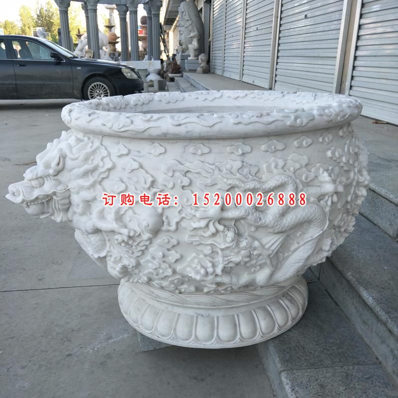 龙浮雕水缸 石雕小区景观雕塑