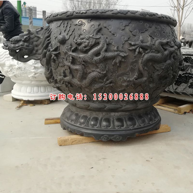 龙浮雕狮子水缸  石雕广场景观摆件 (1)