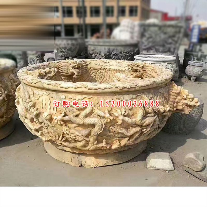龙浮雕水缸，仿古石雕水缸