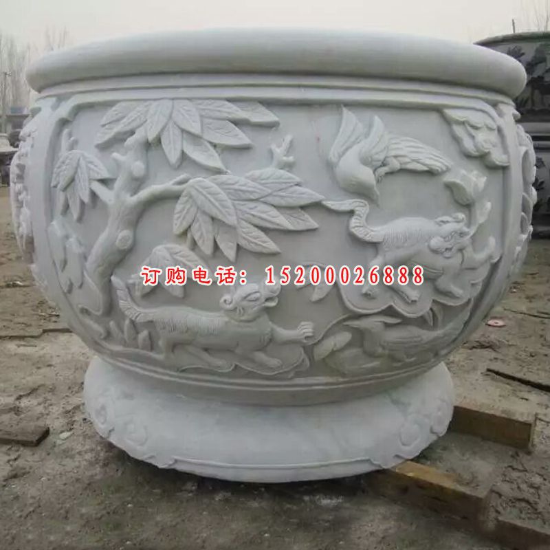 貔貅石浮雕，汉白玉水缸石雕