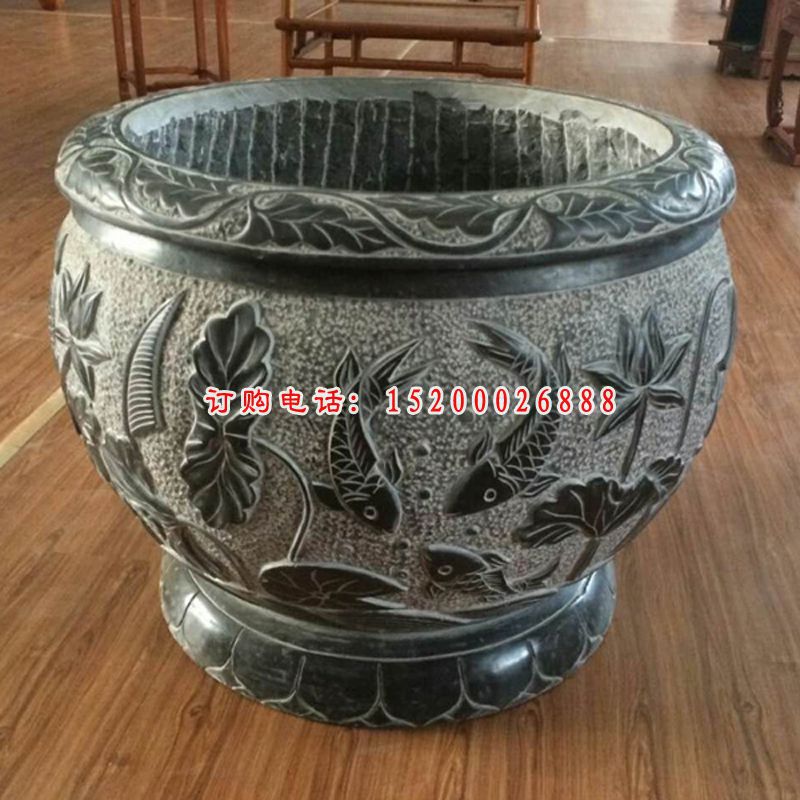 青石仿古荷花鲤鱼浮雕水缸  公园圆形水缸石雕 (2)