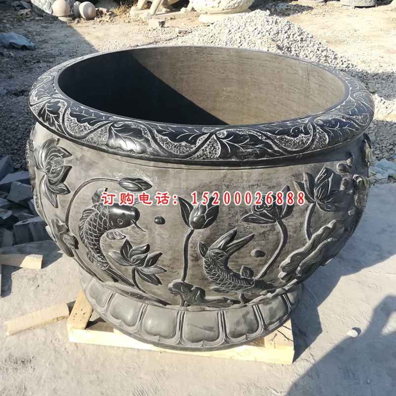 青石仿古鲤鱼莲花浮雕水缸 公园圆形水缸石雕 (3)