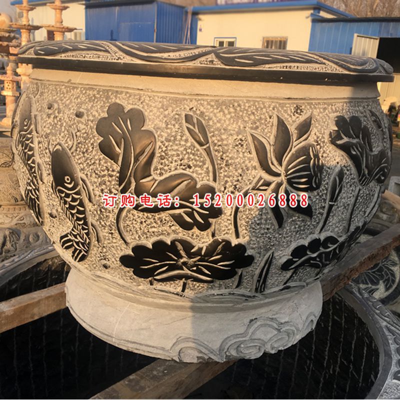青石仿古鲤鱼莲花浮雕水缸 公园圆形水缸石雕 (5)